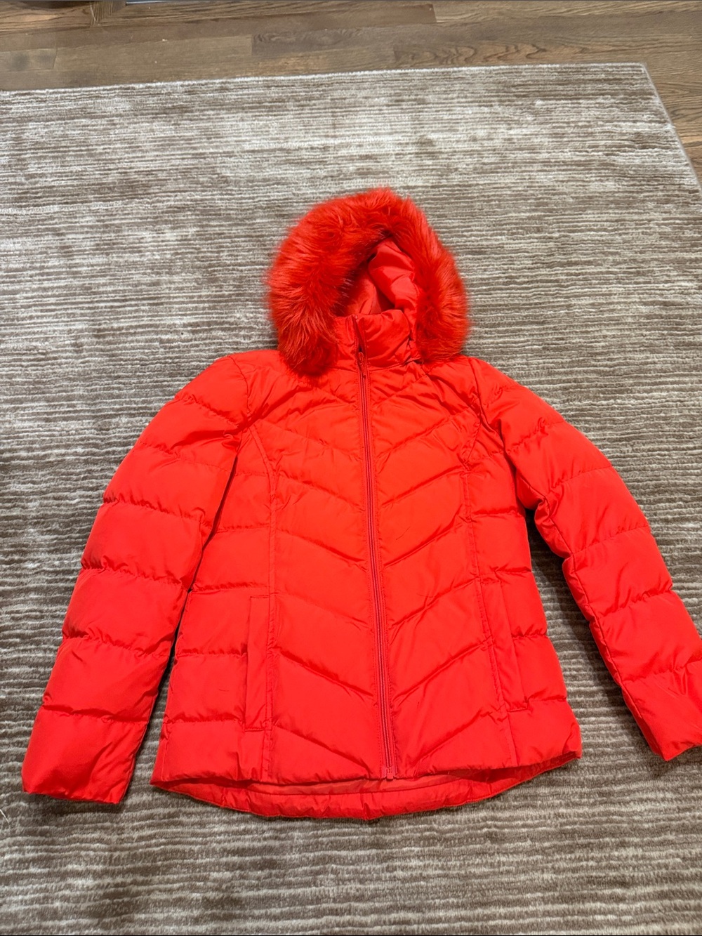Lands' End Red Quilted Puffer Jacket with Faux Fur Hood